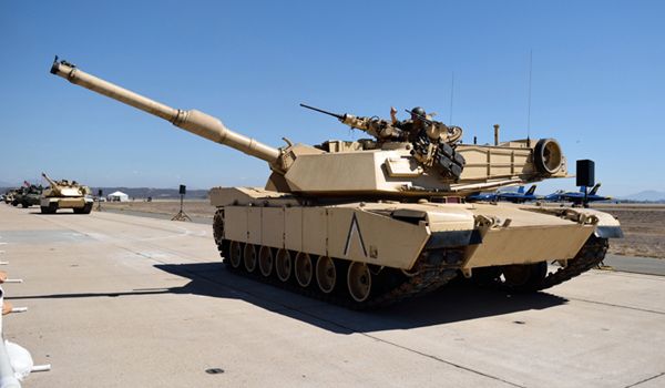 Two M1A1 Abrams tanks roll down the tarmac at MCAS Miramar in San Diego, California...on September 29, 2018.