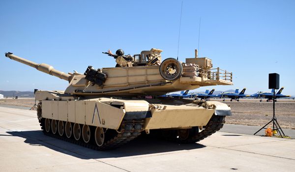 An M1A1 Abrams tank rolls down the tarmac at MCAS Miramar in San Diego, California...on September 29, 2018.