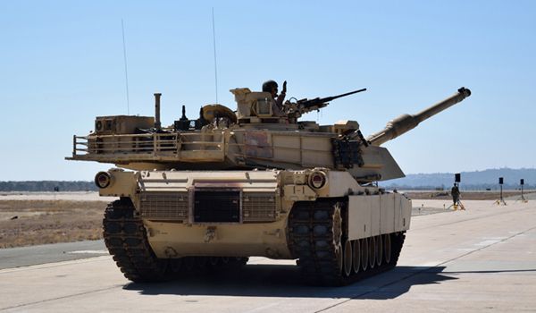 An M1A1 Abrams tank rolls down the tarmac at MCAS Miramar in San Diego, California...on September 29, 2018.