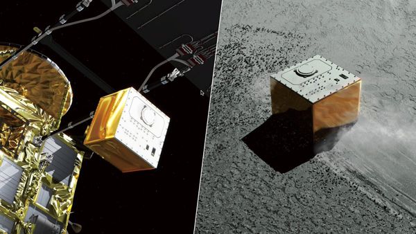 Two illustrations depicting the MASCOT lander being released from the Hayabusa2 spacecraft and landing on asteroid Ryugu's surface.