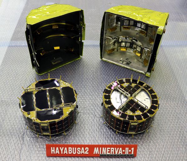 A photo of the two MINERVA-II-1 rovers before they were installed aboard Japan's Hayabusa2 spacecraft.