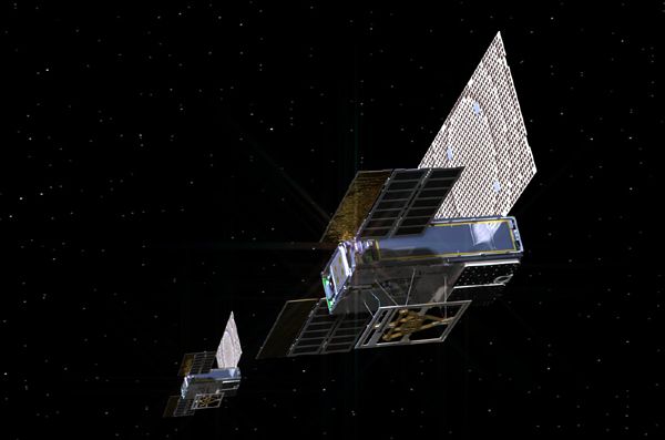 An artist's concept of the two MarCO CubeSats (nicknamed 'WALL-E' and 'EVE' after the two Disney-Pixar characters, respectively) flying through deep space.