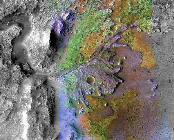 A false-color image of Jezero Crater, the future landing site for the Mars 2020 rover, as seen by NASA's Mars Reconnaissance Orbiter.