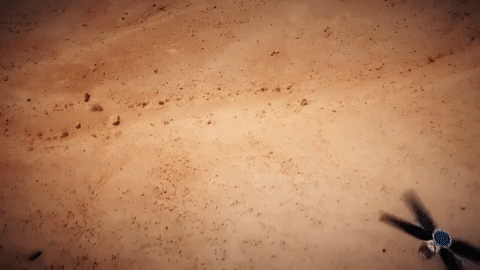 An animated GIF showing the Mars Helicopter fly away from the Mars 2020 rover on the surface of the Red Planet.