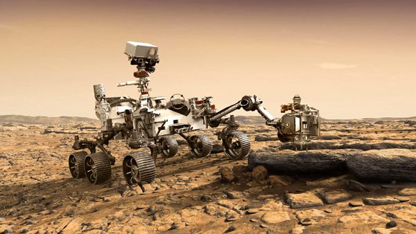 An artist's concept of NASA's Mars 2020 rover studying the surface of the Red Planet.