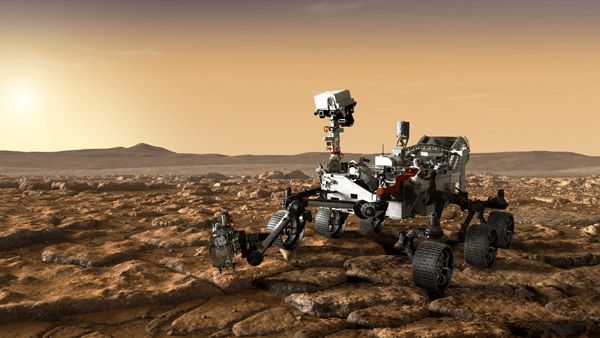 Another art concept of NASA's Mars 2020 rover studying the surface of the Red Planet.