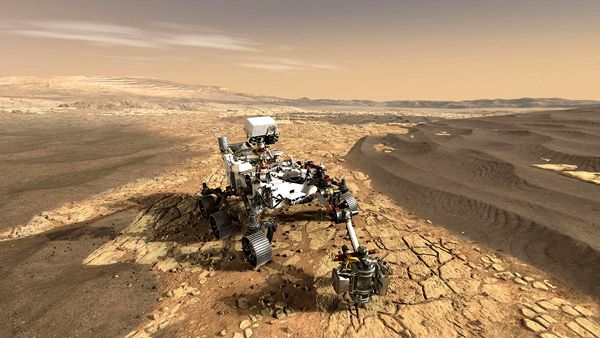 An artist's concept of NASA's Mars 2020 rover on the surface of the Red Planet.