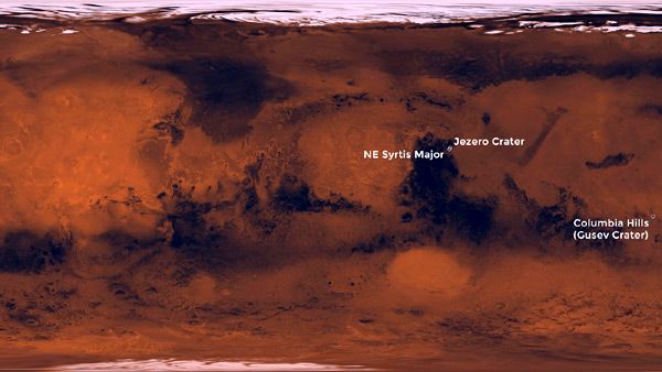 A global map of the Red Planet showing three potential landing sites for NASA's Mars 2020 rover.