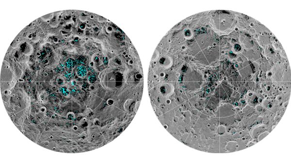 Two images of the Moon's north and south poles, taken by a NASA instrument aboard India's Chandrayaan-1 spacecraft, show water ice scattered about on the lunar surface.