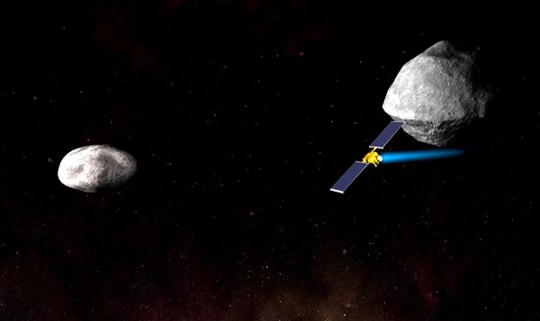 An artist's concept of NASA's Double Asteroid Redirection Test (DART) spacecraft about to collide with Didymos B (the smaller asteroid on the left).