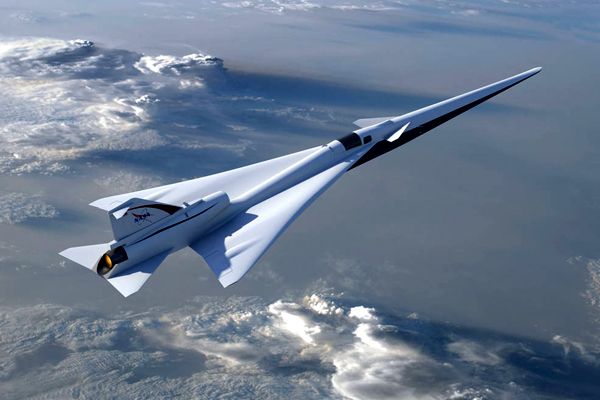 An artist's concept of NASA's X-59 QueSST aircraft soaring high in the sky.