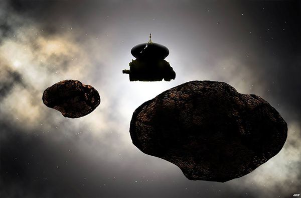An artist's concept of NASA's New Horizons spacecraft flying past the binary objects that may comprise 2014 MU69...on January 1, 2019.