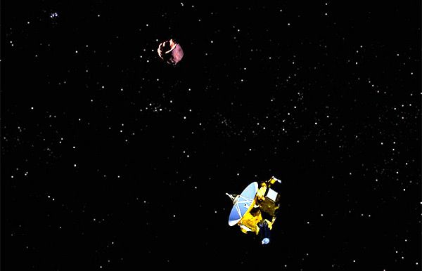 An artist's concept of NASA's New Horizons spacecraft flying past the Kuiper Belt Object 2014 MU69.