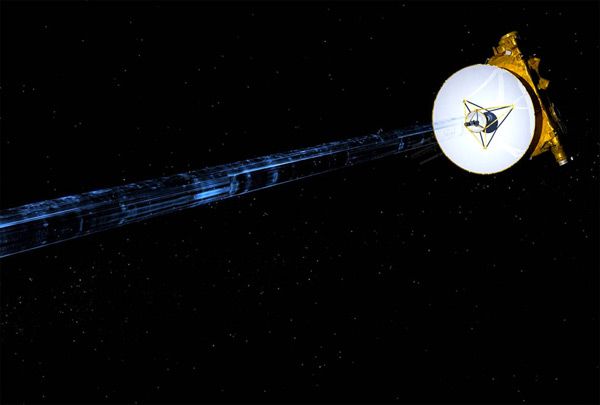 An artist's concept of NASA's New Horizons spacecraft transmitting data back to Earth.
