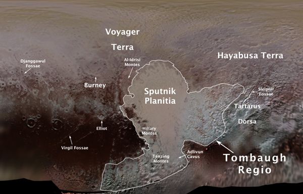An infographic of Pluto with names denoting various geological features on its surface.