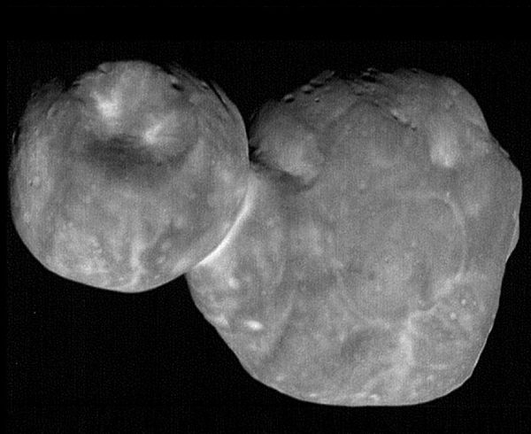 A high-resolution image of the Kuiper Belt object Ultima Thule that was taken by NASA's New Horizons spacecraft from 4,109 miles (6,628 kilometers) away...on January 1, 2019.