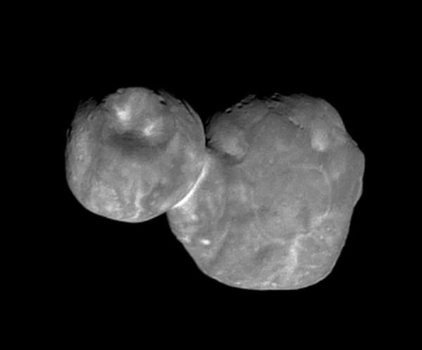 A high-resolution image of the Kuiper Belt object Ultima Thule that was taken by NASA's New Horizons spacecraft from 4,200 miles (6,700 kilometers) away...on January 1, 2019.