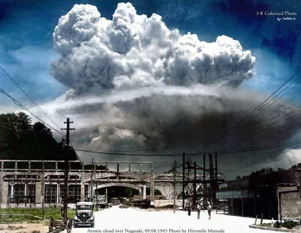 A colorized photo of the mushroom cloud above Nagasaki, Japan...on August 9, 1945.