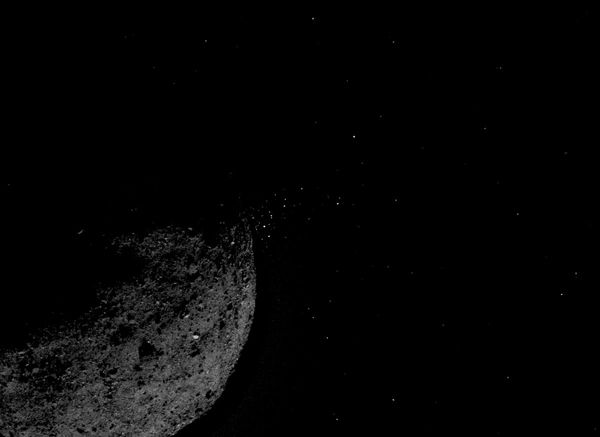 An image that NASA's OSIRIS-REx spacecraft took of a cloud of rock fragments that floated away from asteroid Bennu into deep space...on January 19, 2019.