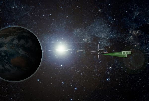 An artist's concept of NASA's OSIRIS-REx spacecraft searching for Earth-Trojan asteroids in Earth's L4 Lagrangian region.
