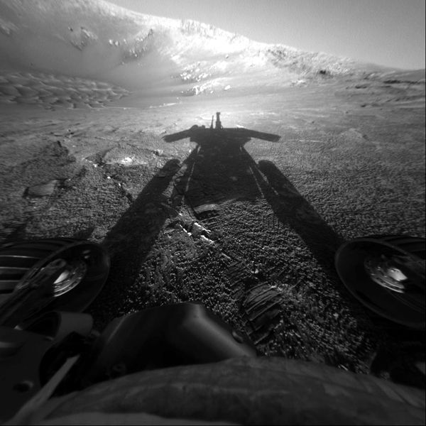 An image that NASA's Opportunity rover took of her own shadow on Mars...on July 26, 2004.