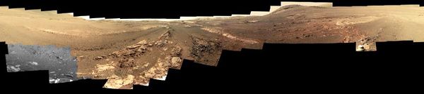 A cropped version of the 360-degree panorama that NASA's Opportunity rover took on the surface of Mars in spring of 2018.