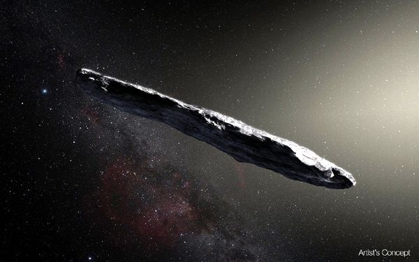 An artist's concept of 1I/2017 U1 (‘Oumuamua) traveling through deep space.