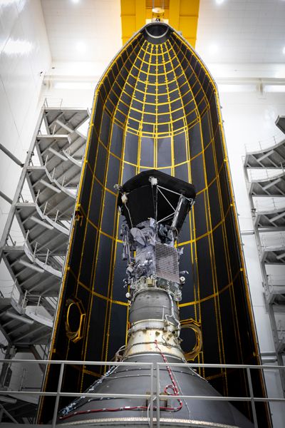 NASA's Parker Solar Probe is about to be encapsulated within the large payload fairing of a Delta IV Heavy rocket...at Astrotech Space Operations in Titusville, Florida, on July 16, 2018.