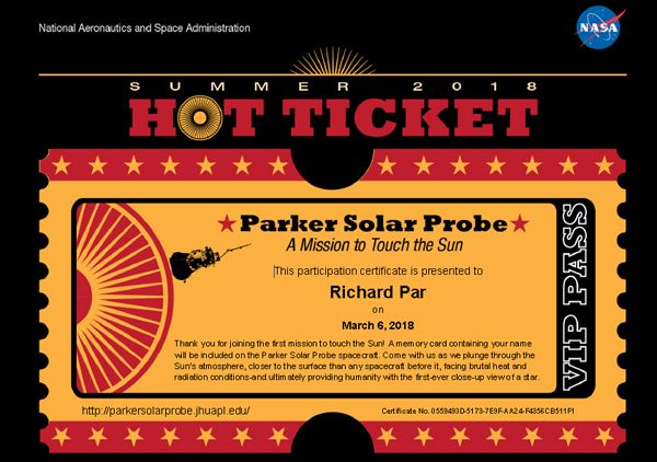 My participation certificate for the Parker Solar Probe mission.