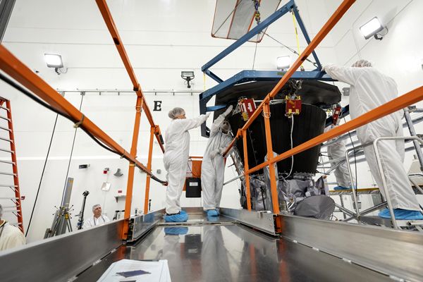 Engineers are about to install the Parker Solar Probe's heat shield inside the Astrotech Space Operations facility in Titusville, Florida...on June 27, 2018.
