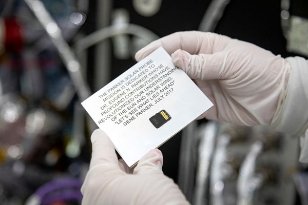 A plaque containing a microchip that bears the names of over 1.1 million people is about to be attached to NASA's Parker Solar Probe at Astrotech Space Operations in Titusville, Florida...on May 18, 2018.