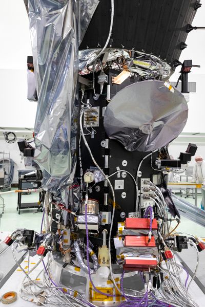 NASA's Parker Solar Probe after a plaque containing a microchip that bears the names of over 1.1 million people was attached to it at Astrotech Space Operations in Titusville, Florida...on May 18, 2018.