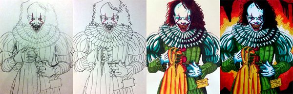 Work-in-progress photos of my Pennywise-with-'kill teeth' drawing. Work-in-progress photos of my Pennywise-with-'kill teeth' drawing.