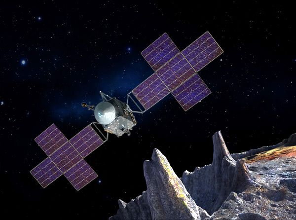 An artist's concept of NASA's Psyche spacecraft studying a metal asteroid with the same name.