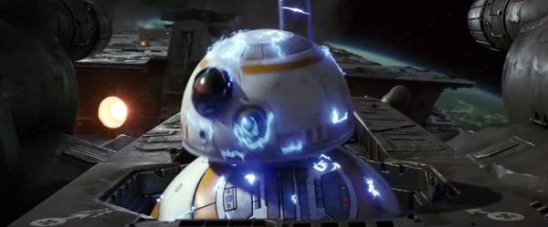 While riding aboard Poe Dameron's (Oscar Isaac, off-screen) X-Wing fighter, BB-8 is zapped by electricity following a strafing run that was conducted on a First Order Star Destroyer in STAR WARS: THE LAST JEDI. While riding aboard Poe Dameron's (Oscar Isaac, off-screen) X-Wing fighter, BB-8 is zapped by electricity following a strafing run that was conducted on a First Order Star Destroyer in STAR WARS: THE LAST JEDI.
