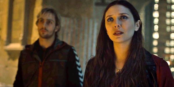Aaron Taylor-Johnson and Elizabeth Olsen as Quicksilver and Scarlet Witch in 2015's AVENGERS: AGE OF ULTRON. Aaron Taylor-Johnson and Elizabeth Olsen as Quicksilver and Scarlet Witch in 2015's AVENGERS: AGE OF ULTRON.