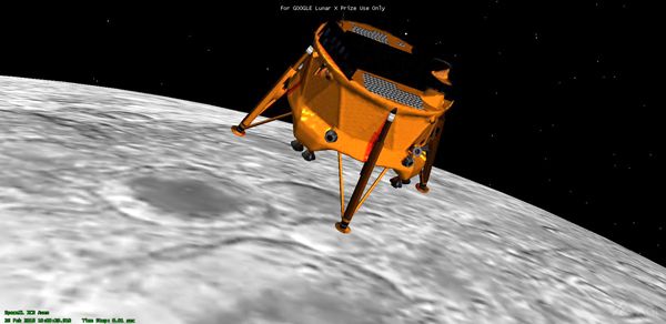 A computer-generated image of SpaceIL's lunar lander approaching the surface of the Moon.