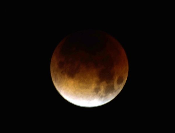 A snapshot of the Super Blue Blood Moon as seen from Summitridge Park in Diamond Bar, California...on January 31, 2018.