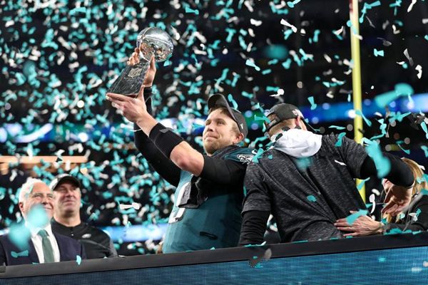 Nick Foles hoists the Vince Lombardi Trophy after his Philadelphia Eagles defeat the New England Patriots, 41-33, in Super Bowl 52...on February 4, 2018.
