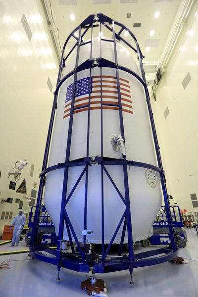 NASA's TESS satellite is now encapsulated within the payload fairing of SpaceX's Falcon 9 rocket at Kennedy Space Center in Florida...on April 9, 2018.