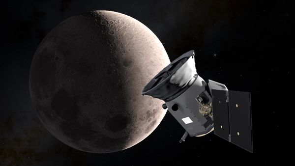 An artist's concept of NASA's TESS spacecraft flying past the Moon for a gravity assist on May 17, 2018.