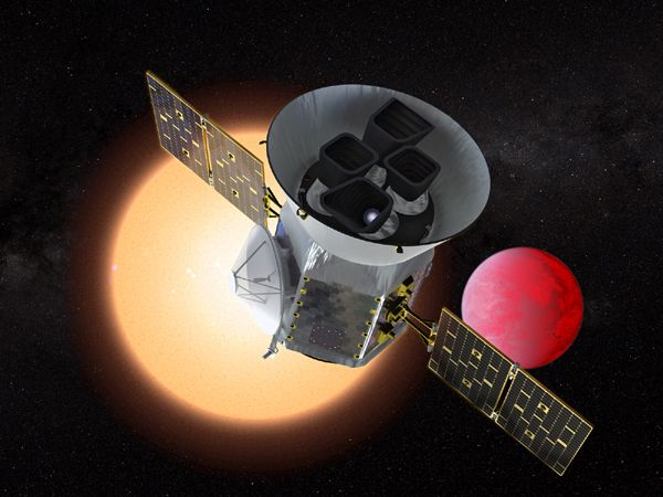 An artist's concept of NASA's TESS satellite searching for exoplanets in deep space.