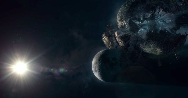 The remnants of a planetary body (Cybertron? Unicron? Probably not that last one) passes by Earth's Moon in TRANSFORMERS: THE LAST KNIGHT. The remnants of a planetary body (Cybertron? Unicron? Probably not that last one) passes by Earth's Moon in TRANSFORMERS: THE LAST KNIGHT.