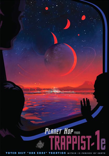 A futuristic travel poster depicting a trip on the surface of TRAPPIST-1e...with the six other worlds of the TRAPPIST-1 star system visible in the sky.