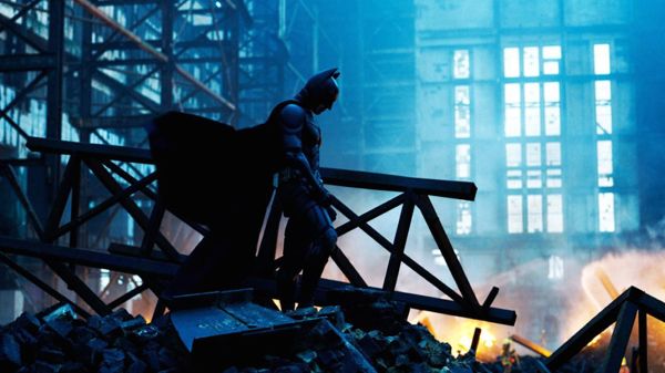 Batman (Christian Bale) surveys the wreckage following the death of Rachel Dawes (Maggie Gyllenhaal) in THE DARK KNIGHT.