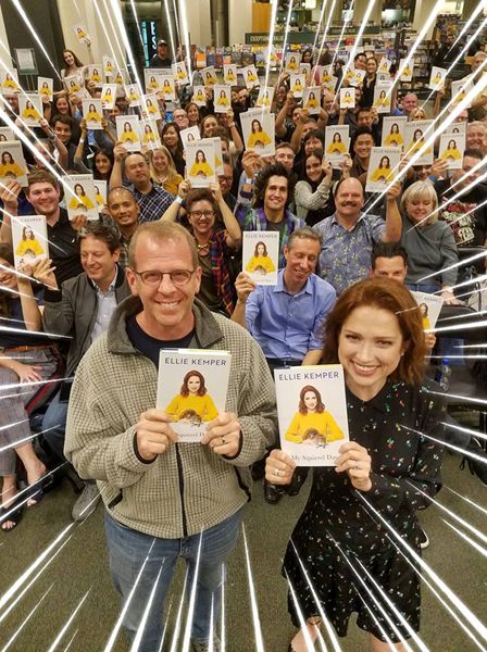 Ellie Kemper and Paul Lieberstein take a group photo with everyone who showed up at The Grove's Barnes & Noble bookstore in Los Angeles to attend a Q&A and signing of Kemper's new publication MY SQUIRREL DAYS...on October 10, 2018.