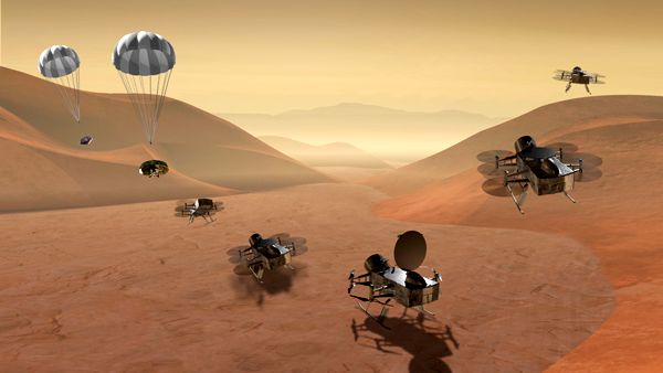 An artist's concept of the Dragonfly drone spacecraft designed to study the surface of Saturn's moon Titan.