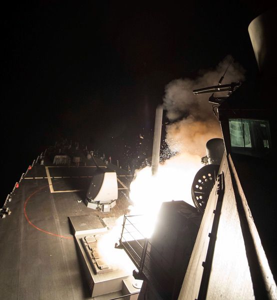 A Tomahawk cruise missile is launched from a U.S. Navy destroyer out in the Mediterranean Sea to strike a Syrian military airfield...on April 6, 2017.