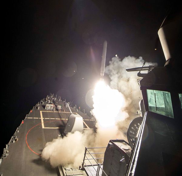 A Tomahawk cruise missile is launched from a U.S. Navy destroyer out in the Mediterranean Sea to strike a Syrian military airfield...on April 6, 2017.