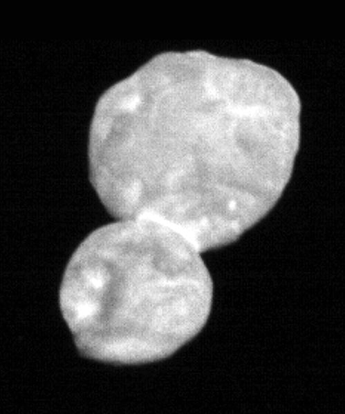 A snapshot of the Kuiper Belt object Ultima Thule that was taken by NASA's New Horizons spacecraft from 18,000 miles (28,000 kilometers) away...on January 1, 2019 (Eastern Standard Time).